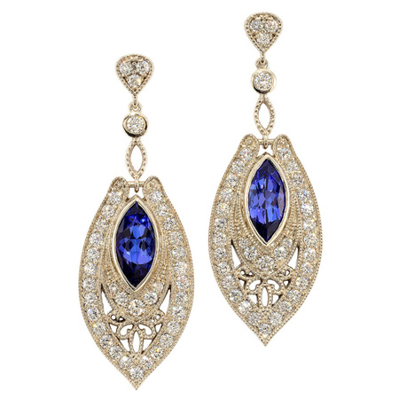 Diamond and Tanzanite Dangling Earrings in 18 KT White Gold